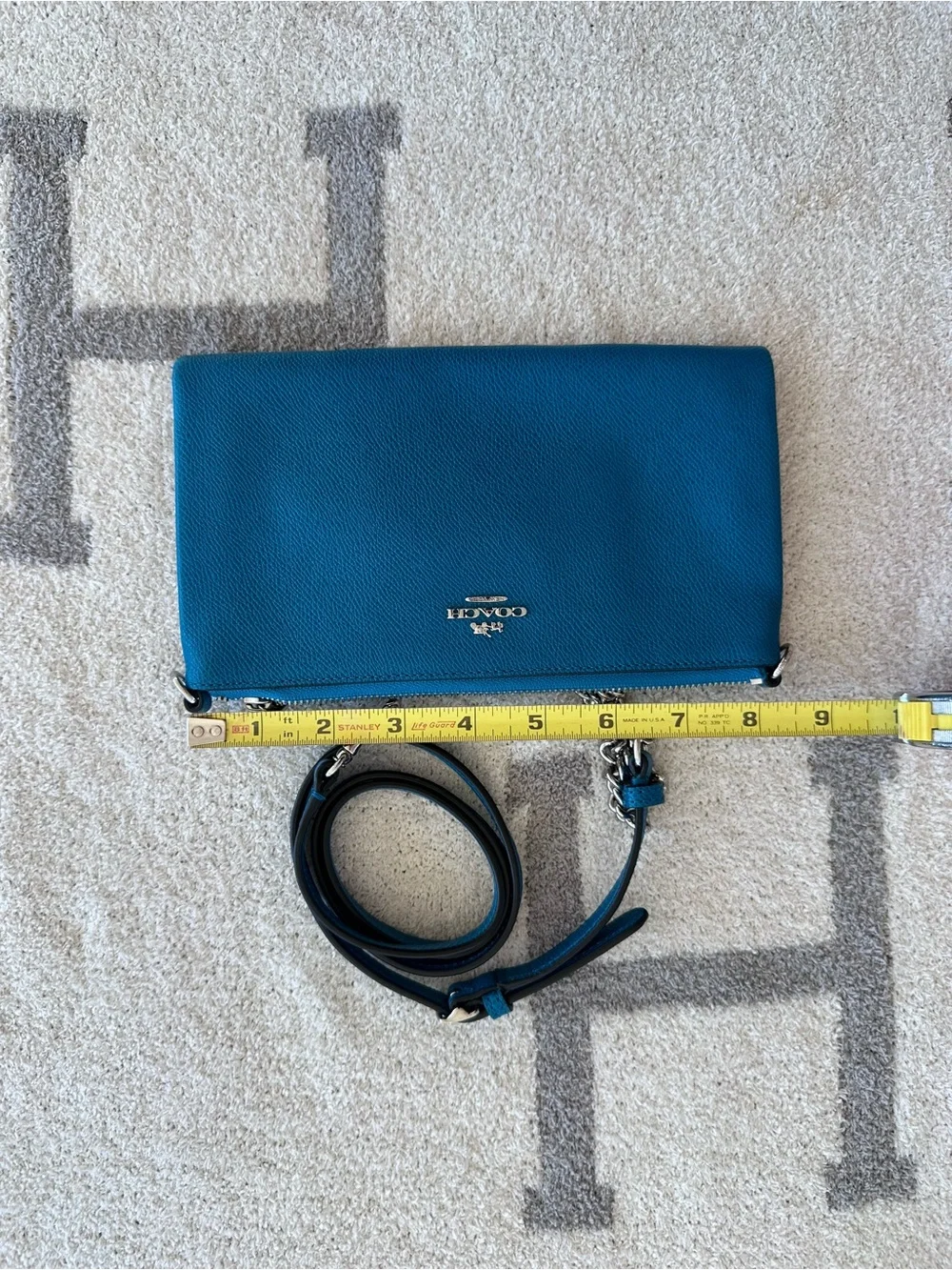 Coach Teal Pebbled Leather Crossbody Clutch with Chain Strap